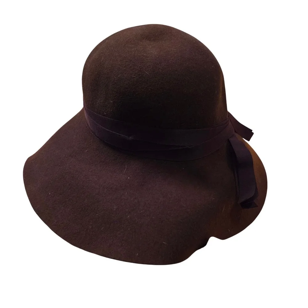 Lauren Ralph Lauren Brown 100% Wool Cloche Hat Wide Brim Grosgrain Bow One Size